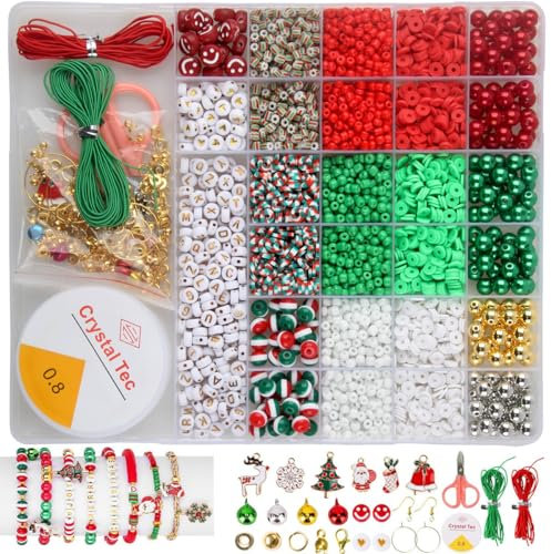 Perlen für Armbänder Weihnachten, 2700 Stück Armbänder Selber Machen mit 4/8mm Weihnachtsperlen und DIY Charms,Buchstabe Perlen (A-Z),Freundschaftsarmbänder Selber Machen Bastelset (Weihnachten)