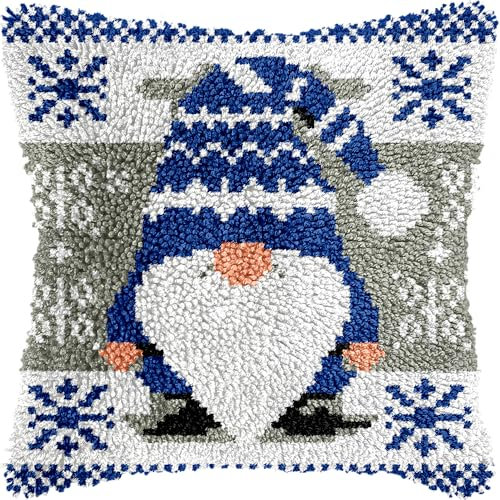 Christmas Blue Gnomes Latch Hook Kits for Adults Kids, Beginners DIY Latch Hook Pillow Kit Pre-Printed Craft Rug Kits Cross-stitch Embroidery Cushion Cover for Home Sofa Decoration 17x17 in. Gift Idea