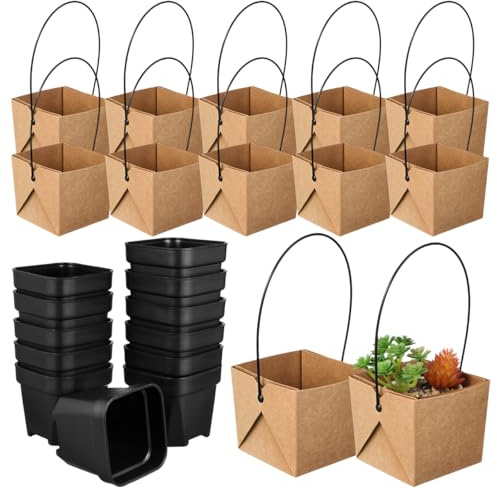 Genérico Mini Macetas Plástico para Suculentas con Drenaje 12 Piezas con Bolsa De Papel Kraft Asa Ideal para Decoración De Mesa Jardín Y Favores De Boda