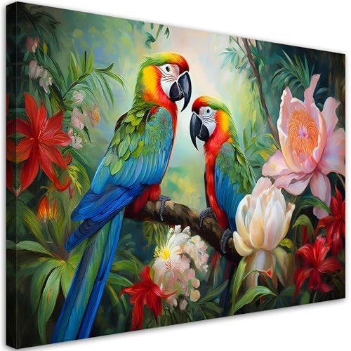 Feeby Leinwandbild - Bilder Wohnzimmer - Papageien Tropischer Dschungel - 60x40 cm 1tlg - Deko Schlafzimmer - Wanddekoration - Aesthetic - Groß Moderne Bild - Foto auf Leinwand