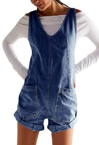 ticticlily Pantaloncini in Jeans Donna Corta Estiva Salopette senza Manica con Spalline Regolabili Scollo V Tuta Ampia Denim Jumpsuit Overall Tinta Unita A Blu Scuro M