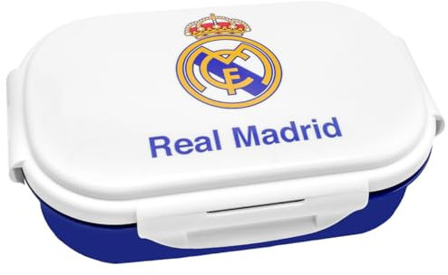 ms móvil shop Fiambrera Real Madrid con Cubiertos | Diseño Oficial con Escudo del Club | Libre de BPA | Compacta y Resistente | Ideal para Escuela, Trabajo y Actividades al Aire Libre