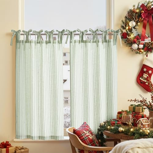 TOPICK Green Striped Linen Blend Kitchen Curtains for Living Room Bathroom Cupboard Bedroom 36 Inch Drop Pinstripe Cafe Small Window Curtains Light Filtering Tie Top 2 Panels