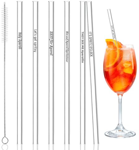 6 Stück Aperol Glasstrohhalme, 20 cm Lang, Wiederverwendbar | Spritz Glasstrohalm mit Reinigungsbürsten für Cocktails