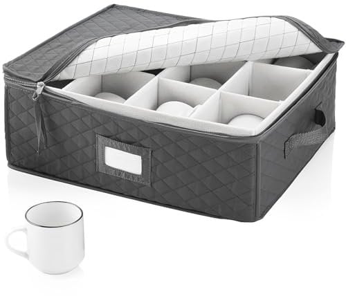 Cup Storage Box - 2 Pack Mug Storage Boxsand with Dividers Containers Holds 24 Glassware, Stackable Coffee Mug Organizer Bin and Tea Cup with 2 Metal Zipper and Handles