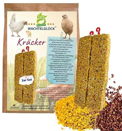 Vogelsberger Wachtelzucht WachtelGlück Pure Kräcker, Eifutter mit Hirse, Pickstangen für Wachteln und Hühner, 2 Stück
