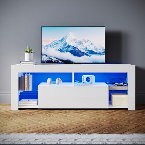 SONNI TV-Schrank Modern 140cm, Lowboard Hochglanz Weiß mit 16 Farben LED-Beleuchtung, Schublade, offene Glasböden, Fernsehtisch für Fernseher bis 65 Zoll Wohnzimmer & Schlafzimmer, 140x35x50.5cm.