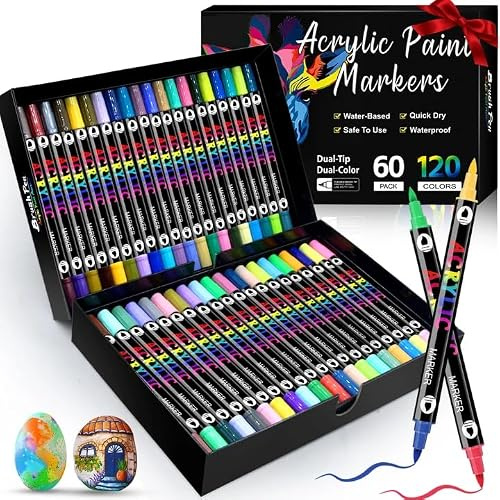 120 Farben Acrylstifte Set Wasserfest, Dual Tip Marker für Steine & DIY | 0,5-5 mm Doppelspitze für feine Details und breite Flächen, ideal für Steine, Holz, Glas, Keramik und DIY-Projekte