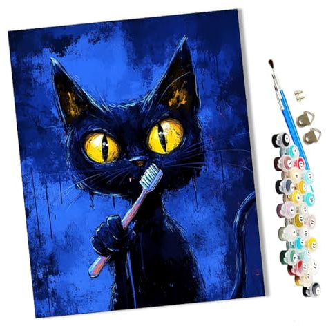 Pintar por numeros para Adultos Gato negro de dibujos animados cepillándose los dientes animados Pintura por números Adultos y para niños-Lienzo pre Dibujado con numeros para Pintar con Pinceles