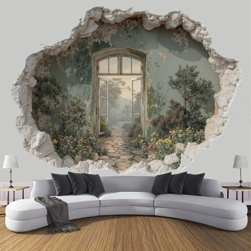 ANALTIRCE Papier Peint Européen Portes Fenêtres 450×315 cm Papier Peint Panoramique Effet 3D, XXL Peinture Murale Poster intissé Trou Mural 3D Fleurs, pour Chambre Salon TV Fond