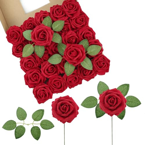 50Pcs Artificial Roses Flowers Fake Roses Head for Wedding Party Home Decor | Red Fake Roses Real Touch Foam Rose Heads for Wedding Bridal Bouquets Centerpieces Floral Arrangement Party Home Decoration