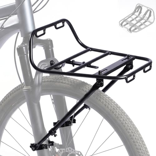 Bike Front Rack - Front Bicycle Cargo Rack with Support Struts & Adjustable Straps - Aluminium Front Cargo Pizza Rack, Stable & No Rattle, Universal Fit for Mountain, Gravel & Touring Bikes