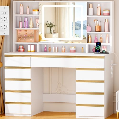 ANWBROAD Tocador Grande con Iluminación LED y Enchufes, 3 Colores | Tocador con Espejo, 11 Cajones, 6 Compartimentos Abiertos, Espejo de Aumento 10x, Almacenamiento para Joyas