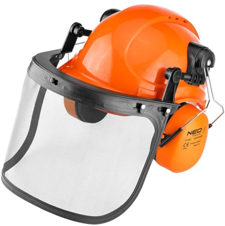 NEO TOOLS Holzfällerhelm Forstschutzhelm 3in1 Profi Waldarbeiterhelm Set mit Gehörschutz und Gesichtsschutz Visier Schutzhelm für Motorsägenarbeiten Gelb verstellbar