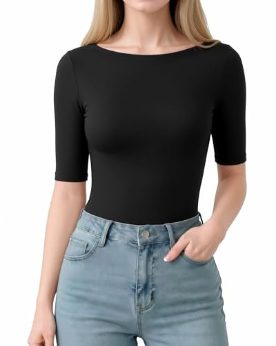 ALGALAROUND Boat Neck Tops for Women UK Half 3/4 Sleeve T Shirts | Elbow 1/2 Sleeve Basic Tee Casual Summer Going Out Shirts Slim Fit 2026
