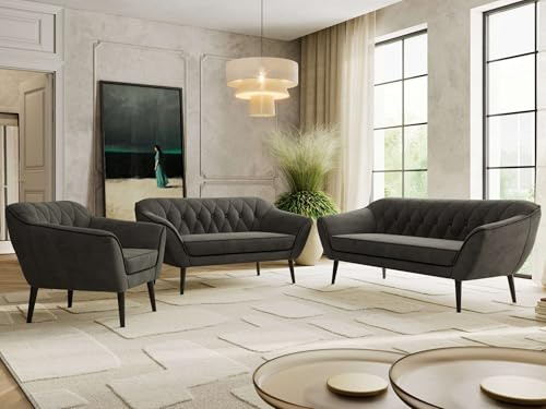 MKS MEBLE Sofagarnitur PIRS 3 + 2 + 1 - Couchgarnitur im skandinavischen Design, Gesteppte Polsterung, Wellenfederung, Wohnzimmer Sofa Set - Schwarze Beine, Dunkelgrau Velvet