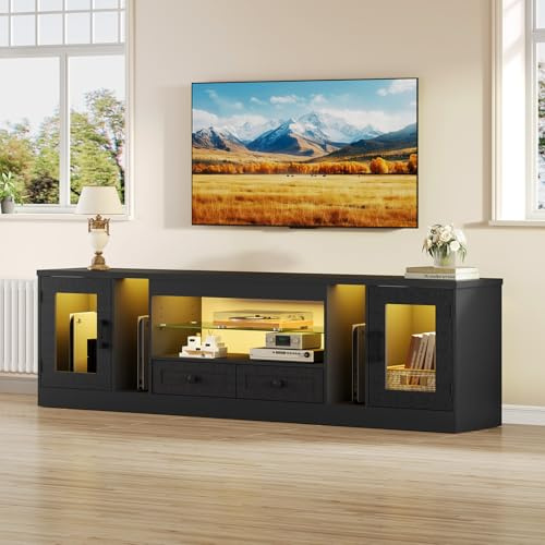 Dripex 180CM Modern LED TV Stand Cabinet Fits 55/60/65 Inch TVs with RGB Lights & Drawers for PS5, Entertainment Center for Living Room Bedroom Black Carbon Fiber