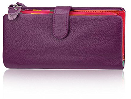 AprinCtempsD Damen Geldbörse Echt Leder Portemonnaie Bunt Clutch Lange Geldbeutel Große Kapazität mit Reißverschluss (Lila)