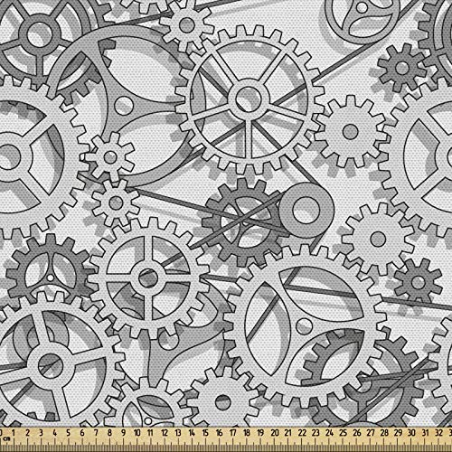 ABAKUHAUS Steampunk Gewebe als Meterware, Grau-Ton-Getriebe-Design, Schön Gewebten Stoff für Polster und Wohnaccessoires, 1M (148x100cm), Weiß und Grau