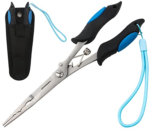 mouhike Fishing Pliers Long Nose Stainless Steel Fish Hook Remover Braid Cutters Split Ring Fish Pliers with Lanyard Fish Holder Ice Fly Fishing Gear Freshwater Saltwater Fishermen Gift (8.8inch.)