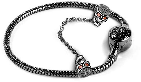 Gnoce Schwarz Schädel Charm Armband Mit Sicherheitskette 925 Sterlingsilber Weil ich dich liebe Schlangenkette Bettelarmband für Damen Herren