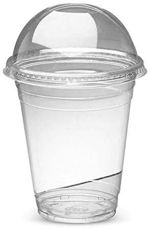 Strong Plastic Smoothie Cups with Dome Lids - 100 Pack of 16oz (473ml) Milkshake Disposable Plastic Cups - Great for iced tea, Iced Coffee, or Any Cold Drinks - Reusable Clear Plastic Cups