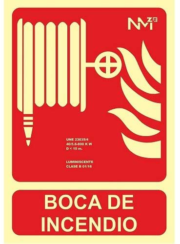 Señal Boca de Incendio | Señal homologado Boca de Incendio | Señal Luminiscente Boca de Incendio | PVC Clase B | Certificado NE 23033/1:2019 | 0,7 mm Grosor | 21 x 30 cm | Color Rojo | Luminiscente