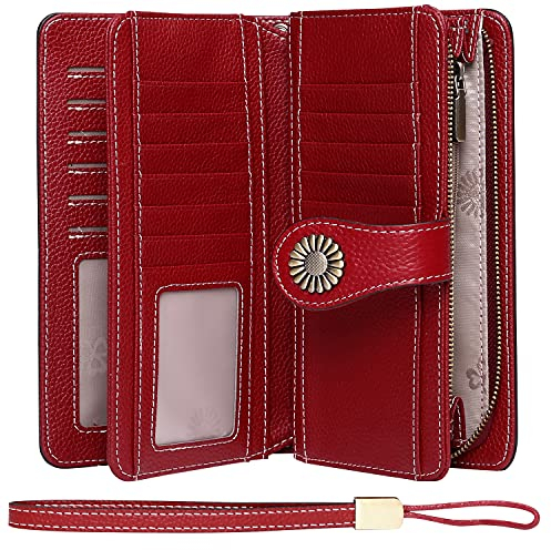 TEUEN Damen-Geldbörse, Leder, großes Fassungsvermögen, Geldbörse, Reißverschluss, RFID-Brieftasche, Damen, XXL, mit 26 Kartenfächern, Geldbörsen, Scheckheft, Reißverschluss (Weinrot), Weinrot, Groß,