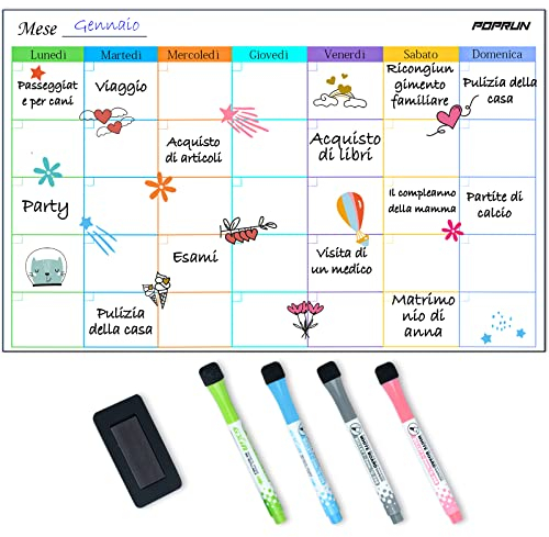 POPRUN Lavagna magnetica frigo Pianificazione la Settimana/mensile, Calendario Magnetico Frigorifero Lavagna calamitata morbida 43×28cm -in italiano