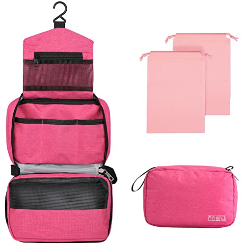Larkumio Beauty Case Donna Bambina da Viaggio Grande Impermeabile, Borsa da Toilette Beautycase Porta Trucchi con Gancio e Maniglia, 1 Portatrucchi + 2 Borse con Coulisse, Rose