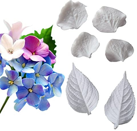 Hydrangea Big Petals+Leaves Fondant Mould Sets 6pcs Silicone Moulds for Cupcake Toppers Edible Sugar Craft Cake Decorating Gumpaste Clay Chocolate Candy