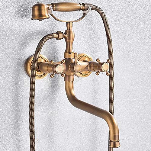 Mitigeur Baignoire Avec Douchette À Main Robinet Baignoire, Finition Laiton Antique Mural Double Poignée Laiton Mitigeur Douche, Robinet Bain