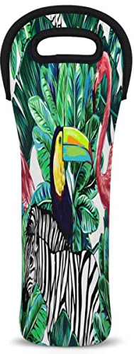 Wine Carrier Tote Bag, Japanese Bird Pattern Insulated Neoprene Wine/Water Bottle Holder, Black Zebra Wine Bag for Travel Party, 750ml