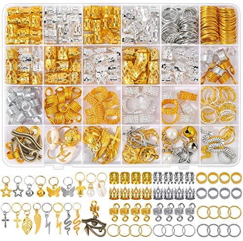 Qinzave 294Stück Haarschmuck für Zöpfe Loc Schmuck für Haar Dreadlocks, Aluminium Gold Silber Haarschmuck Zubehör für Zöpfe, Haar Dekoration mit Manschetten Charms für Zöpfe mit mehreren