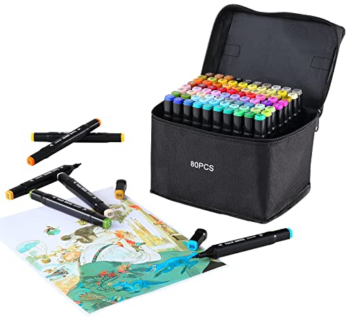 SOSINYA 80 Colours Dual Tip Art Markers Set, Felt Tip Pens for Adults, Permanent Alcohol Marker Pens for Drawing,Sketching,Anime,Manga with Carrying Case and Storage Base