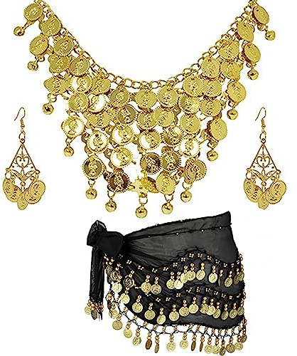 HJYZY 3 fazzoletti da danza del ventre, per donne, danza del ventre, oro con paillette, catenina, monete, orecchini classici, Metallo