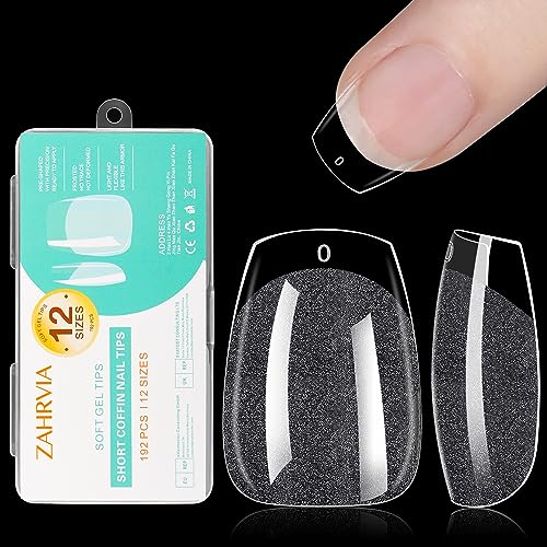 Soft Gel Nail Tips - ZAHRVIA Capsules Ongles Soak Off Couverture Complète Forme de Court Cercueil Résine PMMA Pré-Polie Conception Ultra Fine Transparente 12 Tailles, 192pcs (Short Coffin)