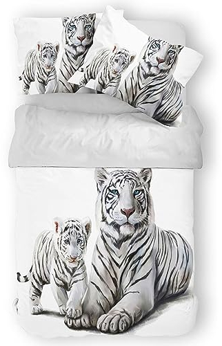 Zomer Bettwäsche 155 x 220 cm Weißer Tiger Motiv Bettbezug Set 3teilig Weich Mikrofaser Bettwäsche Deckenbezug - 1 Flauschige Bettbezug und 2 Kissenbezug 80x80cm