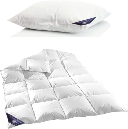 2 TLG. Set Daunendecke und Daunen Kissen | Bettdecke 135x200 cm 1600 g | Daunen Kissen 1100 g | 100% Baumwolle | Daunenbettdecke 135x200 cm | kein Lebendrupf | Winterdecke | weiß
