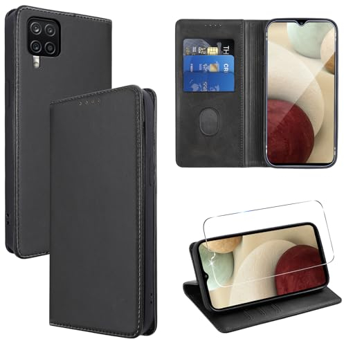 Vauki Cover per Samsung Galaxy A12/M12/A12 Nacho con 1 Vetro Temperato Custodia in Pelle PU Slot Schede Flip TPU Silicone Case Supporto Stand Magnetica Antiurto Caso per Samsung A12/M12 6.5, Nero