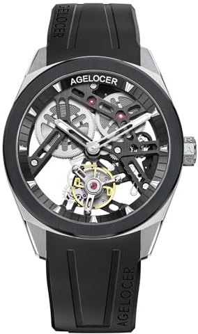 AGELOCER Tourbillon Uhren Herren Original Keramik Lünette Luxus Skelett Manuelle Mechanische Uhr Wasserdicht Sport Uhren Leuchtende Lesung Geschenk, Silber-Keramik + 1 x zusätzliches Armband