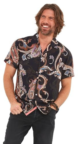 Joe Browns Men's Vintage Inspired Paisley Print Open Flat Collar Short Sleeve Shirt, Black, L