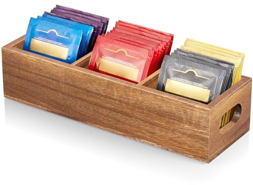 DRASTAR Organizador de bolsas de té, soporte para bolsas de té de acacia, recipientes de almacenamiento de té con 3 ranuras, soporte de madera para paquetes de azúcar, mini caja de almacenamiento de