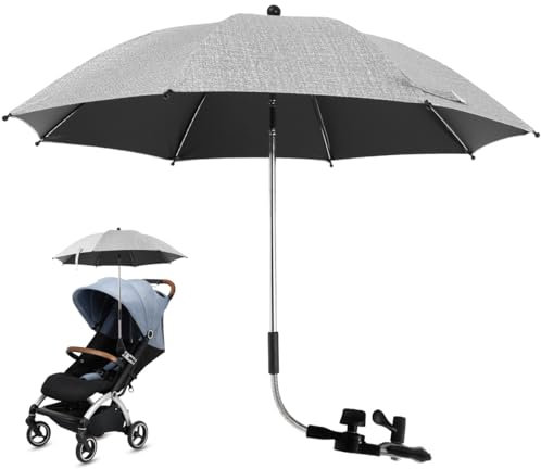 Parasol de landau, parasol de landau, parasol de poussette 50+ UV, parapluie universel réglable à 360° avec pince de fixation réglable et poignée pour poussette, poussette et chaise de plage, gris, S