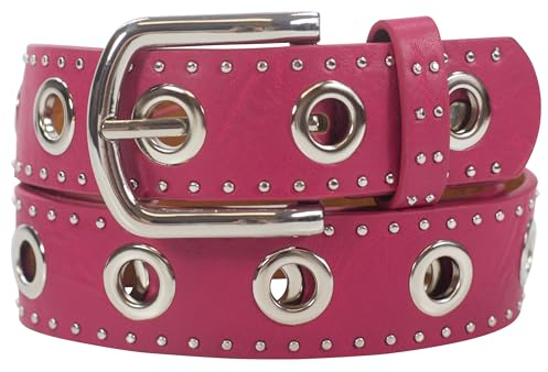 fashionchimp Damengürtel mit XXL-Ösen und Nietenbesatz, Gürtel im Vintage-Look, Jeansgürtel, Breite ca. 3,5cm (Pink, BW90cm - Gesamtlänge 105cm)
