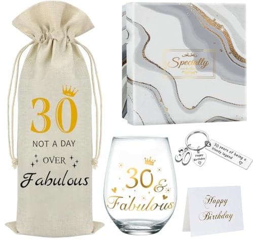 DEARLIVES 30th Birthday Wine Glasses, Personalised 30th Presents, Gold Wine Glass Gifts, 17 Oz Bottle Bags
