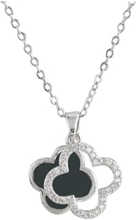 ZKZFCAI Kette Damen 925 Sterling Silber Vierblättriges Kleeblatt Anhänger Halskette Silber kettenanhänger 18 Vergoldete Halsketten mit Zirkone,Schmuck Für Frauen Und Mädchen Geburtstags (Schwarz)