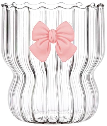 Gyrategirl 10Oz Ripple Drinking Glasses with Bow-Knot Glass Chubby Cup Tumbler Striped Aesthetic Glass Cup Vintage Wavy Glassware for Coffee Cocktail Juice Water Soda Tea