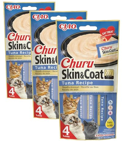 INABA Churu Skin & Coat - Thunfischpüree - Omega 3 & 6 und Taurin - Cremiger Textur - Katzenfutter für Haut & Fell - 4 Tuben x 14g (Packung mit 3)
