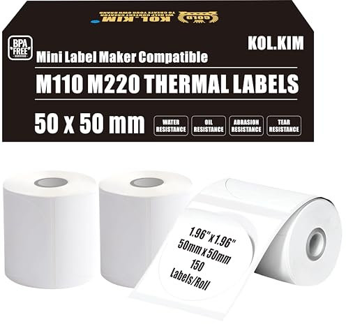 M220 M110 Thermo-Etiketten für Phomemo-Drucker, Papier, Druckmaster M100, M220, M110, Etiketten für CLABEL 221B Etikettenmacher-Klebeband, Nachfüllpackung, 50 x 50 mm, rund, weiß, 3 Rollen